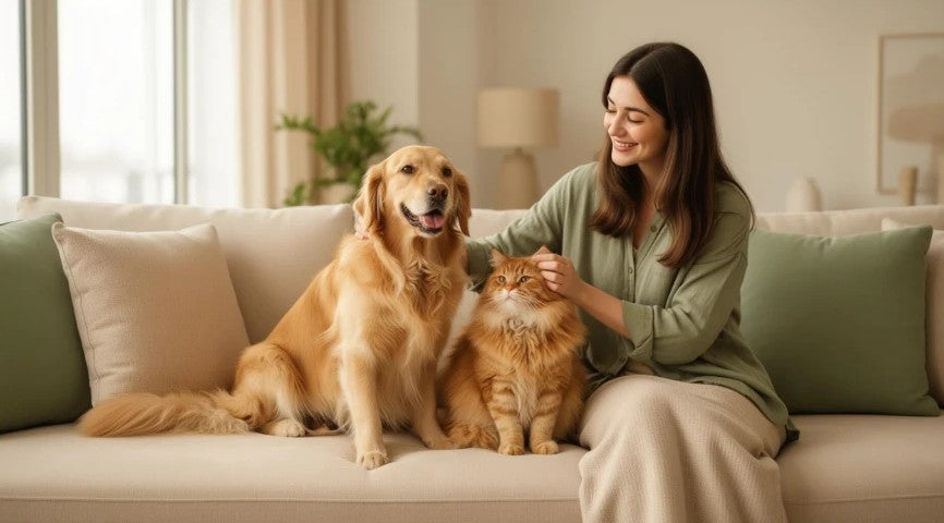 Une femme sur son canapé avec son golden retriever et son chat roux